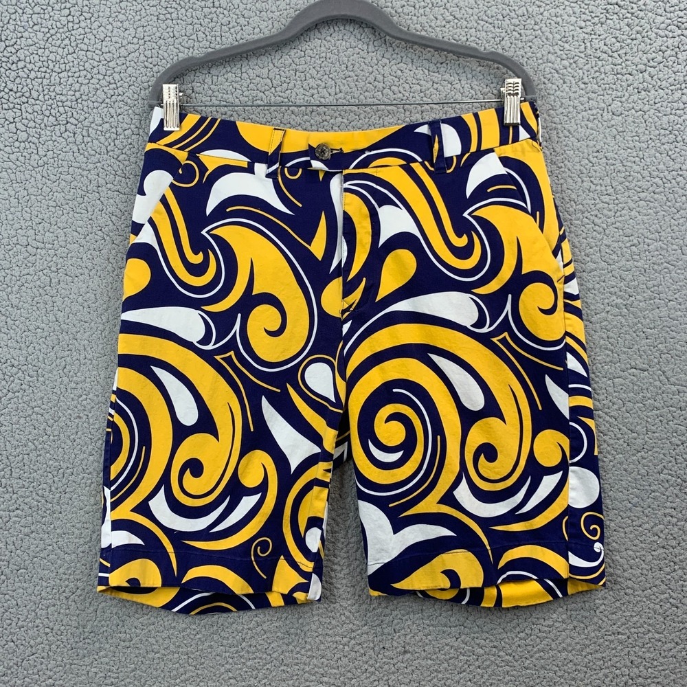 LOUDMOUTH Golf Shorts Men's 34 Blue Yellow White Swirly Psychedelic Retro Splash
